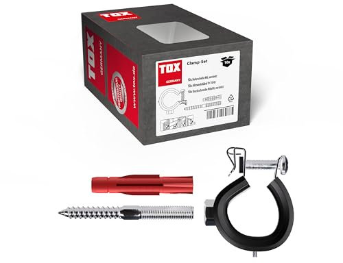 TOX Clamp-Set für Rohrleitungen, Gelenkrohrschelle 21-23 mm (1/2 Zoll) mit M8-Anschlussgewinde, Allzweckdübel TRI 10/61 und Stockschraube M8x80 mit TX-Antrieb, jeweils 10 Stück im Set, 089101101