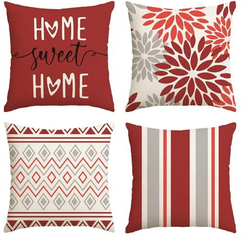 Artoid Mode Rot Dahlien Geometrisch Frühling Kissenbezüge 4er Set, 50x50 cm Zierkissenbezug Cushion Cover Couch Wohnzimmer Außenbereich Deko
