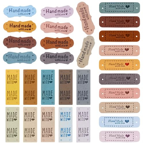 LOMSUXA 30 Stück Handmade Label zum annähen,Handgefertigte Etiketten PU-Leder,Handgefertigt Geprägtes Etikett mit Löchern für Häkelkleidung,Stricken,DIY Jeans,Taschen,Hüte,Häkeln (3 Stile)