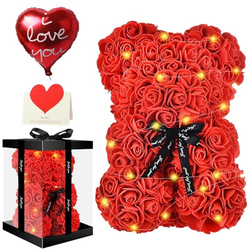 USHOP Handgemachter Rosenbär,Rosenblumen Teddybär,Rosen Teddybär Set mit Geschenkbox,LED-Leuchten,Liebeskarte und Liebesballon,Muttertag,Valentinstag,Geburtstag,Jubiläumsgeschenk (25 X 18 cm)
