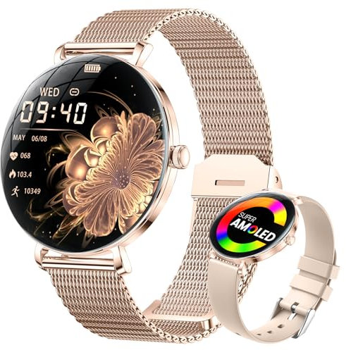 LIGE Smartwatch Damen mit Telefonfunktion, 1.43 AMOLED Fitnessuhr, IP68 Wasserdicht, 180+ Ziffernblätter Smart Watch, Menstruationszyklus, Armbanduhr für Android iOS, Schrittzähler, Rosegold