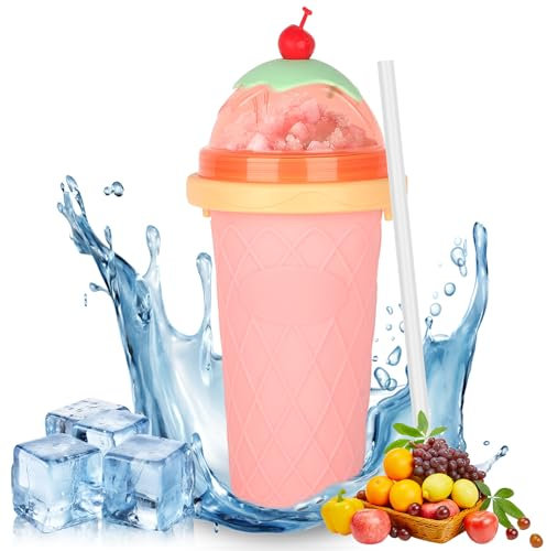 CIOXSOIO DIY Slushy Cup, Silicone Slushy Maker Cup, Gobelet À Slush avec Paille et Cuillère 2 en 1, Homemade Smoothie Cup, Slushie Cup pour Cola Jus, Rose
