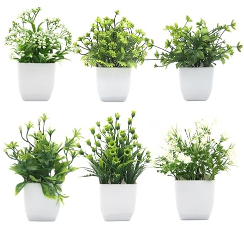 Druuzyl 6 Stück Künstliche Pflanzen im Topf, Mini Kunstpflanzen-Set für Innenbereich, Deko für Schlafzimmer/Badezimmer/Küche, Plastik Blumen mit Kunststoff-Topf, Realistisches Design