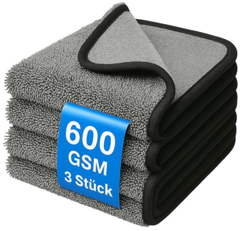 Kemes Mikrofasertücher 3 Stück Auto Doppelseitg mit 600GSM Trockentuch Premium Autotuch zum trocknen Saugstark und Steifenfrei Microfaser KFZ Autopflege | 30x30cm