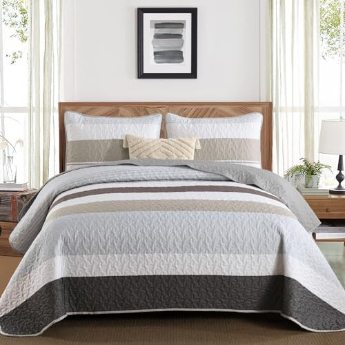 Dinjoy Boho Quilt Set Full Size,3 Pieces Grey Striped Bedspreads,Soft Microfiber Quilted Quilts Bedding Set with 2 Pillow Shams Lightweight Coverlet 78x90 for Summer Fall Bed