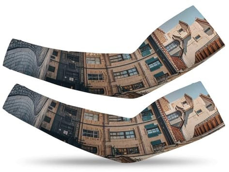 FHESDCW Facade Architecture Urban Image Arm Sleeves UV Protection Compression Sleeves, 1 Pair Stretchy Cooling Arm Cover, Style, XXL