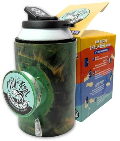 Made in USA | Fishing Can Cooler from Shark Tank | Hard Shell Drink Holder with Hand Line Reel | Fits Most Can Sleeves or Coozies | Unique Fishing Gift for Men | Retail Box Packaging | Camo