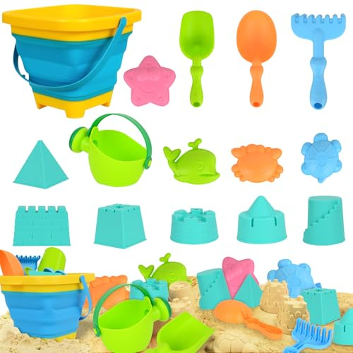 Sandspielzeug für Kinder, 16 Stück Strandspielzeug mit Faltbarem Eimer, Spaten, Netz Rucksacktasche, Gießkanne und Castle Beach Modell, Sommer Sandkastenspielzeug Draußen für Jungen und Mädchen