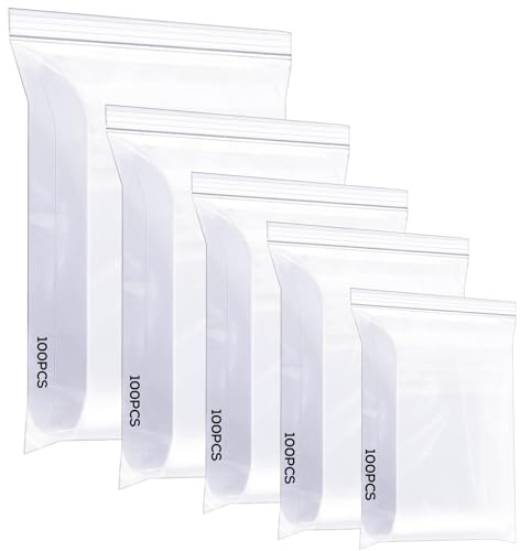 Cozary Sachet Plastique Transparent Lot de 500, 5 Tailles Sachet Zip Pochon, Sachets Plastiques Refermables pour Les Noix, Les Confiseries, Le Chocolat, Les épices, Les Bijoux, etc