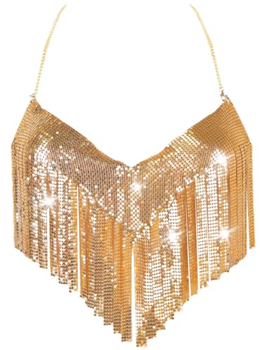 Damen Sexy Glänzender Körperketten-BH Mehrlagiger Origineller Brustketten-BH Funkelnder Metall Crop-Top Party Punk Demi-Top Gold