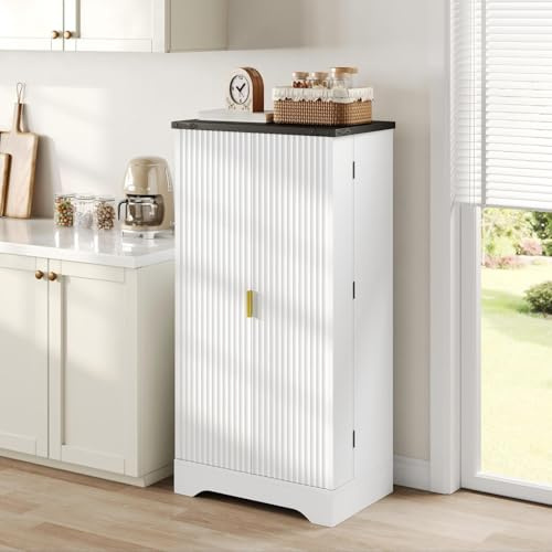 Köksskåp med dubbeldörr, hushållsskåp med justerbara hyllor och förvaringsutrymme, modernt universalskåp med fack, för matsal vardagsrum, kök, randig design, vit (60,5 x 40 x 120 cm)