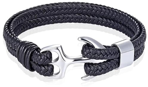 Tom Jaxon Herren Armband Anker geflochten Leder Silber, 20cm, Edelstahl Leder