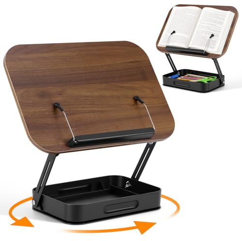 Buchhalter Leseständer, 360° Drehbarer Buchständer Holz zum Lesen, Höhenverstellbarer Kochbuchhalter mit Stauraum, Seitenclip, Tragbar Faltbar für Rezept, Zeitschrift, Tablet, Laptop