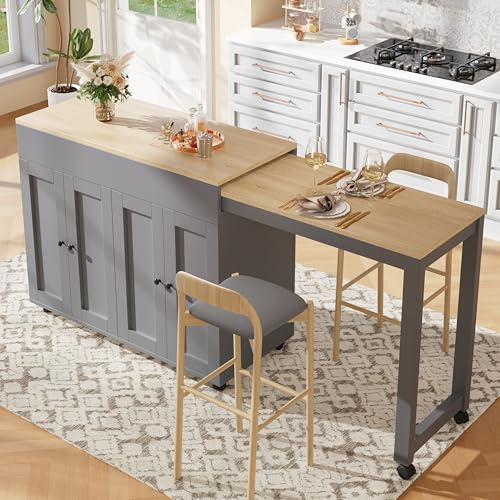 LAKFEW Mesa de Bar Extensible Isla Cocina con Ruedas, Barra Cocina con 4 Puertas y 6 Compartimentos de Almacenamiento, Mueble Auxiliar Mesa Comedor Extensible, 117(180) x50x94.6 cm, Gris