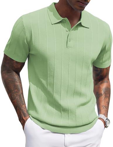 COOFANDY Chemises Polo Homme Décontracté Été à Manches Courtes Designer avec Boutons Tricot Coupe Régulière Golf Vert Clair L