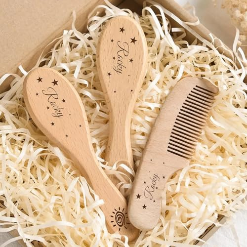 Individuell Graviertes Baby-Bürsten- Und Kamm-Set Für Mädchen Und Jungen – Personalisierte Weiche Baby-Haarbürste Aus Holz, Pflege-Set Für Neugeborene, Massage-Haarbürste Für Kleinkinder