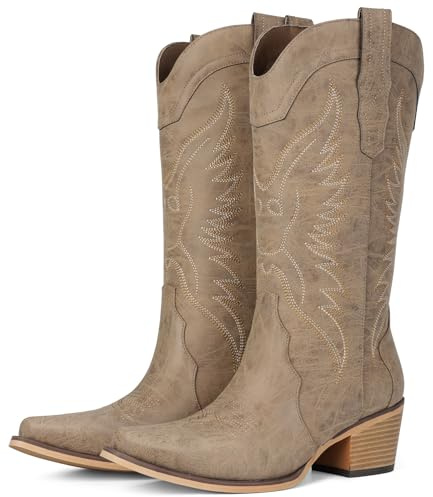 Pasuot Western Cowboy Boots for Women - Light Brown Cowgirl Boots with Pointed Toe, Mid Calf Chunky Heel Snip Toe Boot with Classic Retro Embroidery, Country Style for Ladies Rodeo Concert US 6