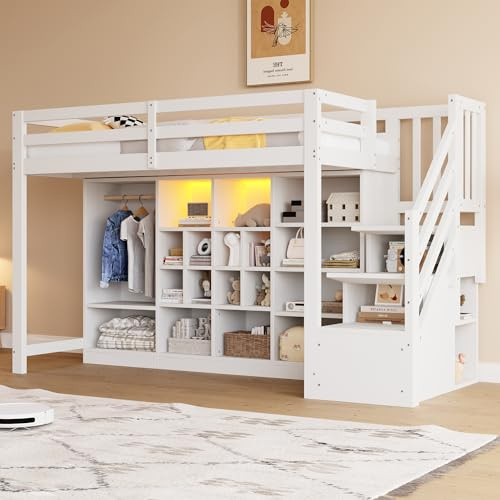 Stauraumbett Hochbett 90 x 200 cm mit Treppenschrank, Stauraumschränken mit Mehreren Fächern und Einem Einfachen Kleiderschrank, Rausfallschutz Kinderbett Einzelbett aus Holz (Weiß, 90cm*200cm)