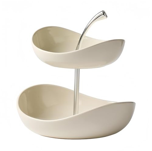 QINGFENGYI Doppelte Obstschale Modern Mit Zwei Schalen Aus Keramik Und Metallschalen Obstschale Keramik Bei Snacks, Nüssen, Kuchen (Milky white)