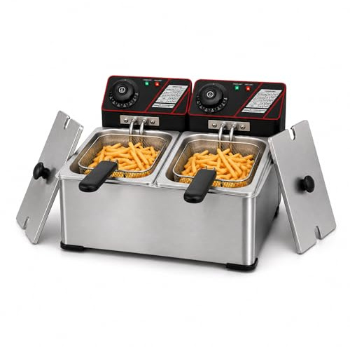 Dubbel Fritös 2x3L, i Rostfritt Stål. Oljefritös med 2 Korgar, Justerbar Temperatur. Fritöser Hem och Restaurang för Pommes, Snacks, Kök.