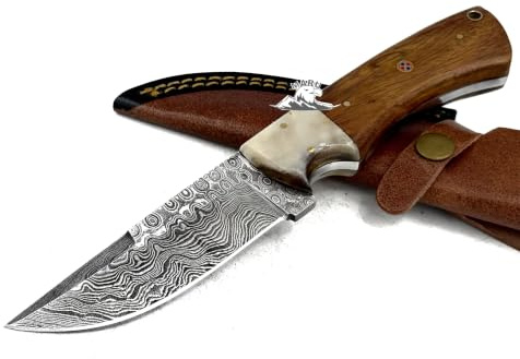M. Zille Coltello Artigianale Lama Acciaio Damasco Manico Corno & Legno, Lama Fissa Caccia Coltello da Collezione, Coltello Bushcraft