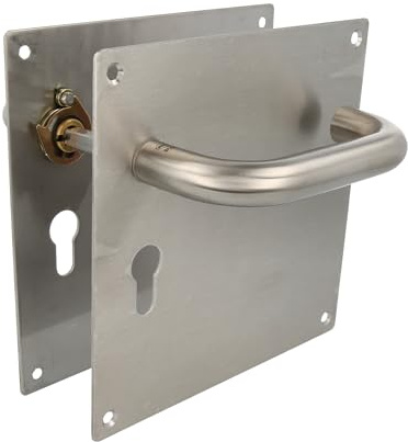 Amig - Juego de Manillas con Placa para puerta - Maneta con Bocallave a 47mm - Mod. 3CB47 - Acero inoxidable 18/8-180 x 180 mm - Cuadradillo de 8 mm - Plateado mate