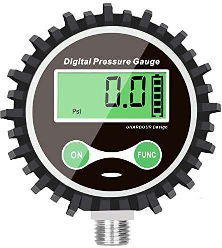 Uharbour Digital Air Pressure Gauge with 1/4'' NPT Bottom Connector and Rubber Protector, 5-200psi Tire Pressure Gauge, Accuracy 1% F.S.