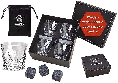WOMA Whisky Steine Set I 8 Kühlwürfel aus Basalt inkl. Samtbeutel, 4 Whiskey Gläser & hochwertiger Holzbox I Wiederverwendbare Eiswürfel für Whiskey Wodka Gin Rum Tequila & Cocktails