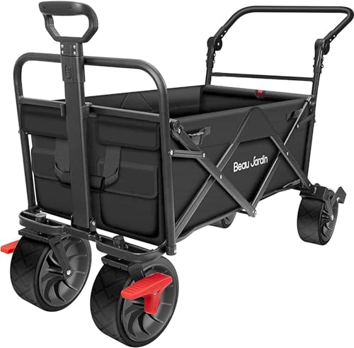BEAU JARDIN Bollerwagen Faltbarer Handwagen bis 150 KG 100L Fassungsvermögen Leicht Faltbarer Bollerwagen Kinder Transportwagen Gartenanhänger Belastbar zu Tragen Geeignet für Kinder - Schwarz
