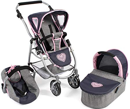 Puppenwagen Emotion All In, 3in1 Puppenwagen-Set bestehend aus Babywanne, Sportsitz und Autositz, Melange Grau-Navy