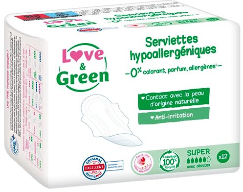 Love & Green - Assorbenti ipoallergenici 0% colorante, profumo, allergeni, 1 x 12