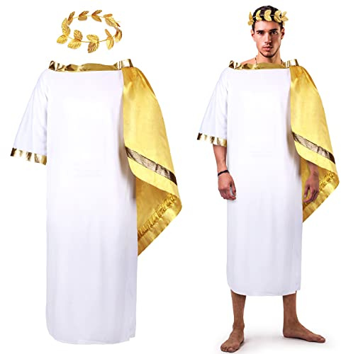 SATINIOR 2 PCS Halloween Greek God Costume White Roman Toga Adult Toga Costume Tunic with Leaf Crown Headdress Laurel Wreath