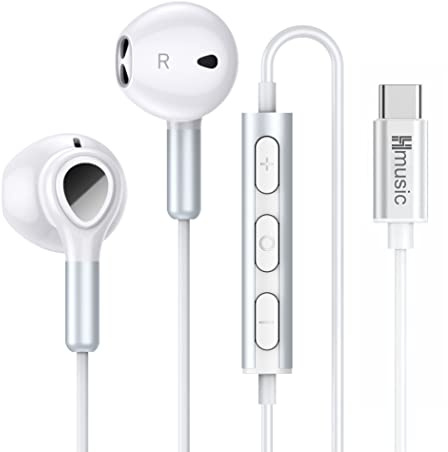 Hmusic Écouteurs USB Type C Magnétique Filaires, Blanc | Intra-Auriculaires, Avec Micro et contrôle du Volume, Pour Samsung Galaxy, Pour Google Pixel, Pour Xiaomi/Huawei