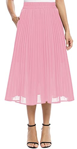 EXCHIC Damen Fließender Chiffon Elastisch Taille Midi Rock Freizeit A-Linie Knielange Falten Rock mit Tasche