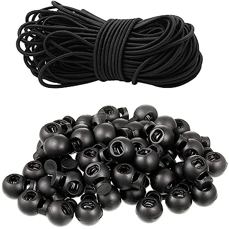Drawstring Cord 100 Pcs Toggles for Drawstring & 2mm/15m Black Elastic Cord | Sturdy Round Black Elastic Cord with Plastic Toggle – Single-Hole Cord Lock for Shoelaces, Clothing, Bags & Backpacks