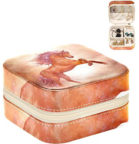 KQNZT Schmuck-Organizer-Box, kleine Schmuckaufbewahrung aus Pu-Leder für Ohrringe, Ringe, Halsketten, Armbänder,Galaxie Pferd Rot Universum Sternenhimmel Milchstraße