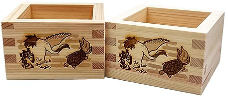 TOKYO ART Set di 2 tazze giapponesi in legno per sake masu con opere d'arte portafortuna giapponesi, scatole quadrate per sakè, realizzate in legno di cipresso giapponese di alta qualità, realizzate