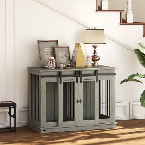 PawHut Dog Crate Furniture, Dog Cage for 1 Large or 2 Small Pets, with Divider, Sliding Doors, Grey