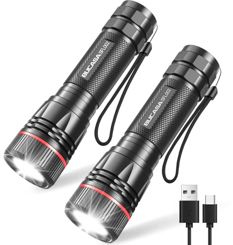 BUCASA Torches LED Super Bright 2000 Lumens, 2 Pack Rechargeable Torch with 3 Modes, Zoomable, Waterproof Small LED Torch Battery Powered for Dog Walking, Emergency, Camping, Gift(Batteries Included)