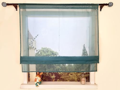 Devola Raffrollo Einfarbig Voile Raffgardinen Küchengardinen Transparent Bändchenrollo mit Tunnelzug Fertiggardinen Moder HxB 140x45cm Türkis 1 Stück