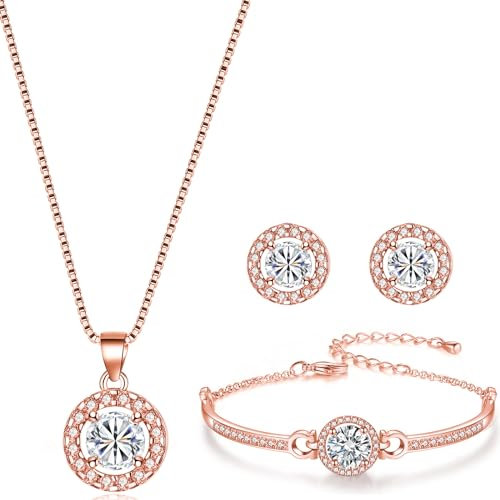 MESU Jewellery Set Pendant Necklace Earrings Tennis Bracelet Set Cubic Zirconia Jewellery for Women Rose Gold