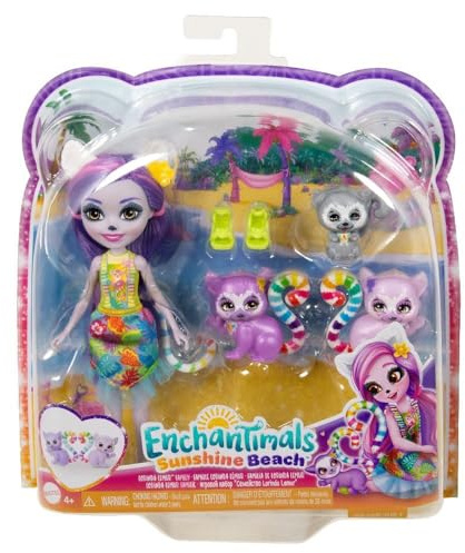 Enchantimals Sunshine Beach Famille Lorinda Lémur Coffret avec petite poupée Lorinda Lémur, ami Ringer et 2 figurines d’animaux de la même fratrie formant un cœur, HRX86