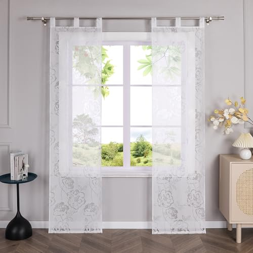 HeichkelL Schiebegardinen Transparent Schiebevorhänge Ausbrenner Flächenvorhänge mit Rosen Muster 2er Set Gardinenschal Weiß mit Schlaufen BxH 57x175 cm