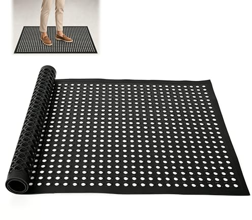 MYOYAY Gummimatte, Meterware Ringgummimatte Antirutschmatte Schmutzfangmatte 90x150 cm rutschfeste Gummi Drainage Fußmatte Outdoor Wabenmatten für Küche Bad Terrasse Garage Gärten, Schwarz