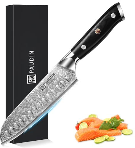 PAUDIN Santokumesser Damastmesser 17 cm, Ultra Scharfes Kochmesser aus 67 Lagen Damaststahl mit japanischem VG10- Kern, Profi Küchenmesser mit ergonomischem G10-Griff