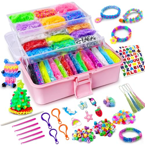 ROSHUKG 45 Colours Loom Bands Kit, Pink | 3 Layer Container, Rubber Bands Bracelet Making Kit, For Boys Girls, Weaving Gift
