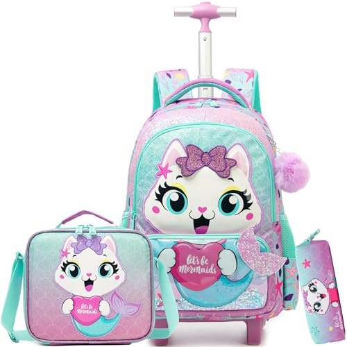 HTgroce Schulranzen mit Rollen, School Trolley Bag Rucksack mit Lunchtasche Federmäppchen Schultaschen-Sets 2. Klasse