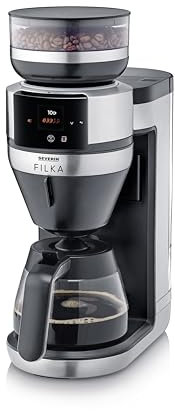 SEVERIN FILKA, cafetera de filtro totalmente automática, cafetera de filtro 5 en 1 con pantalla LED, molinillo, con jarra de cristal, negro mate/acero inoxidable, KA 9694