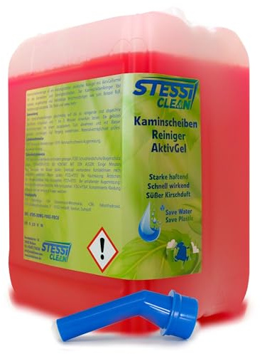 StessiClean Kamin & Ofenglas Reiniger AktivGel | 5 Liter | Kaminscheibenreiniger für hartnäckigen Verschmutzungen | Kaminreiniger - Ofenreiniger | Ofenglasscheiben | Ruß Reiniger | mit Ausgießer