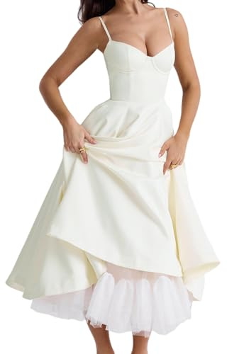 CZMYCBG Robe de Cocktail Vintage Style Corset pour Femme, Robe Bustier Mi-Longue Élégante et Sexy À Bretelles Spaghetti(White,L)